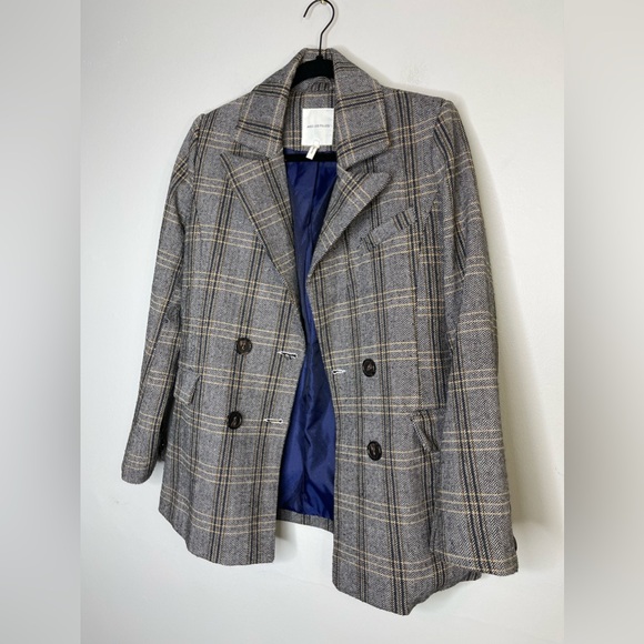 Avec Les Filles Brown Double Breast Plaid Wool Blend Textured Blazer Sz Small - Picture 3 of 13